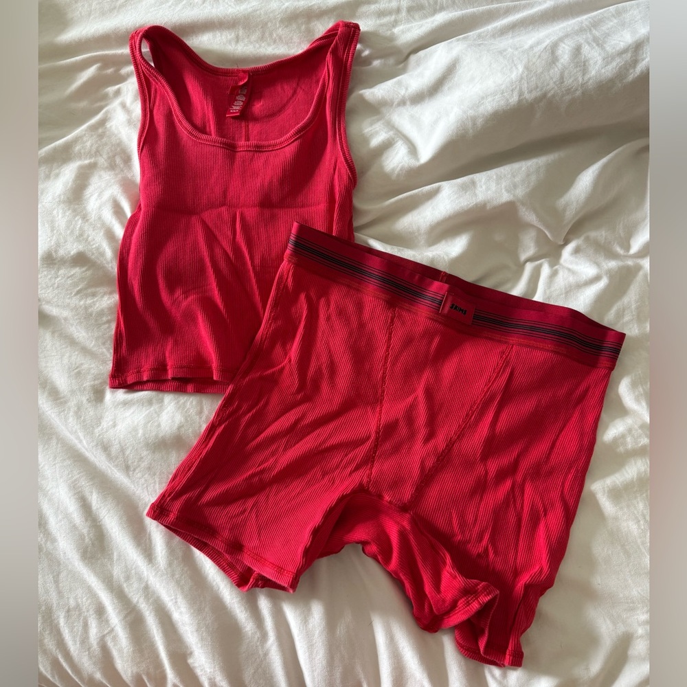 Skims red cotton rib tank and boxer set